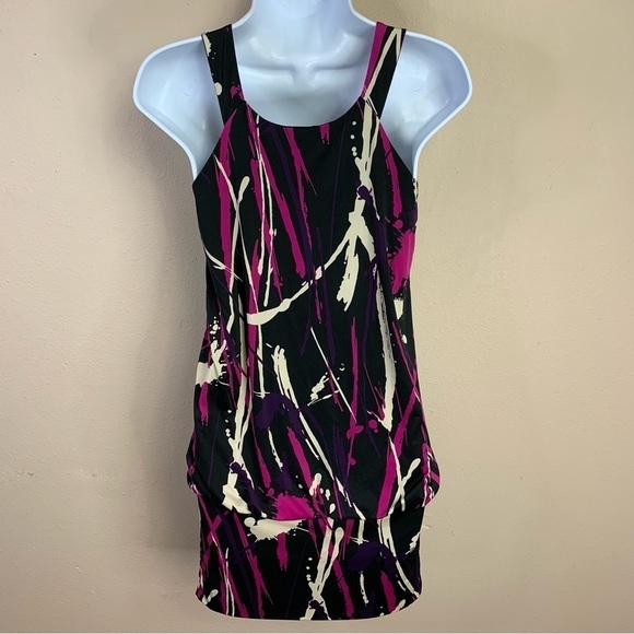 Small Black Pink Beige Paint Splatter Dress Sleeveless Stretch Party Cocktail - Picture 5 of 8